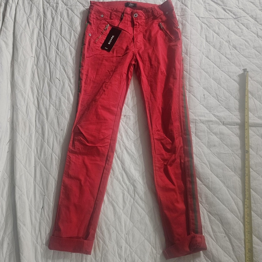 Venti6 Pants Womens S/8 Red Twill Slim Stripe Zip Pockets Italy Casual